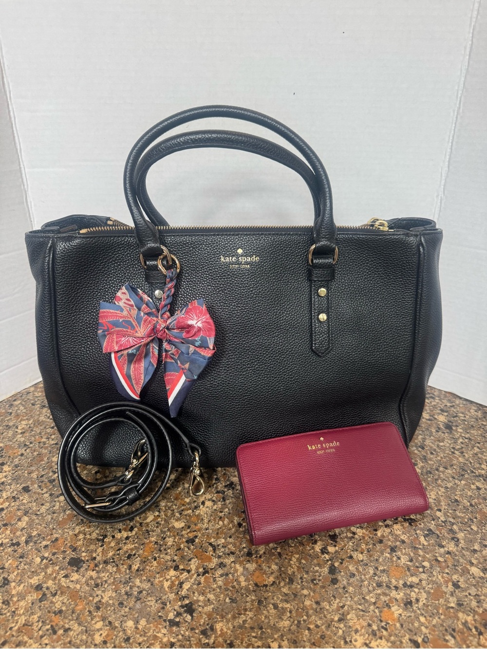 kate spade Black Leather Satchel with Burgundy Wallet and Floral Bow Charm